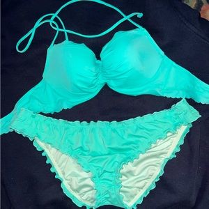 2 piece ruffle bottom swim suite blue